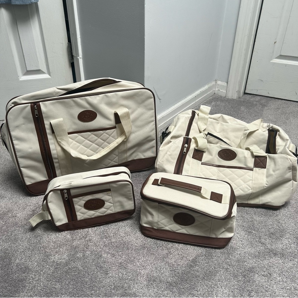Brand New Bundle of 4 Elegant Cream and Brown Travel Bag Set